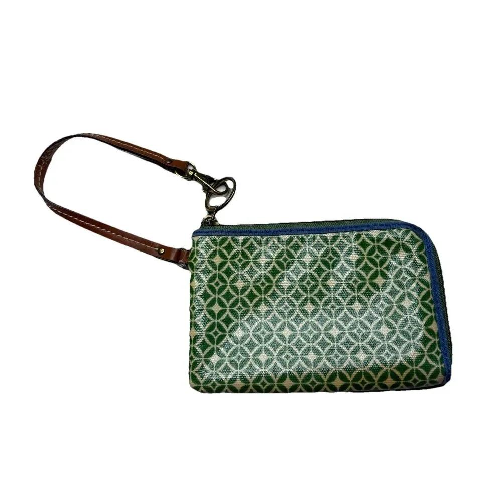 Fossil Wristlet Wallet PVC Coated Canvas Zip Around Green Blue Diamond print